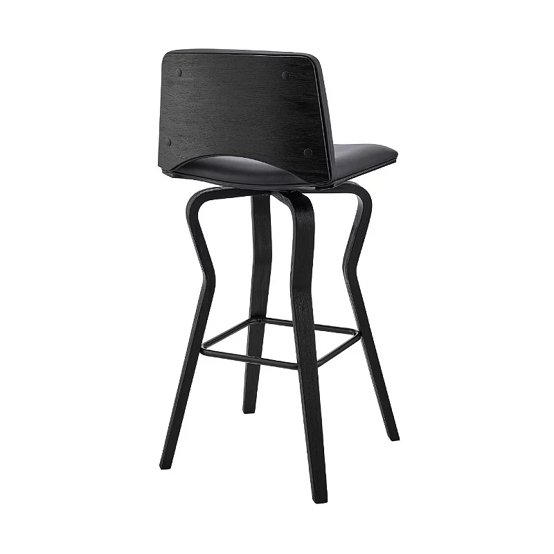 30 Inch Swivel Barstool， Vegan Faux Leather Upholstery， Wood Support， Gray， Black