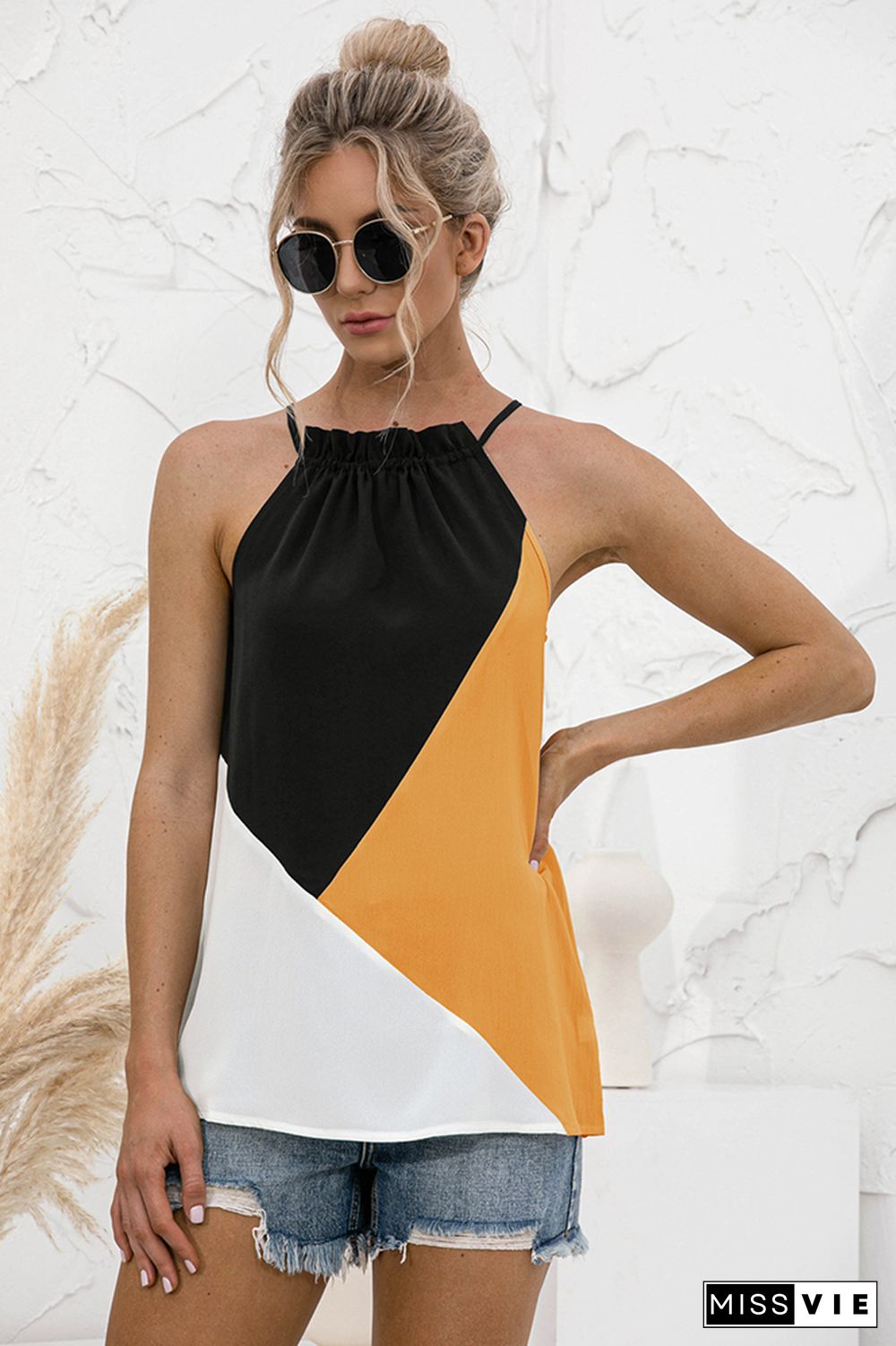 Color Block Halter Sleeveless Tank Top