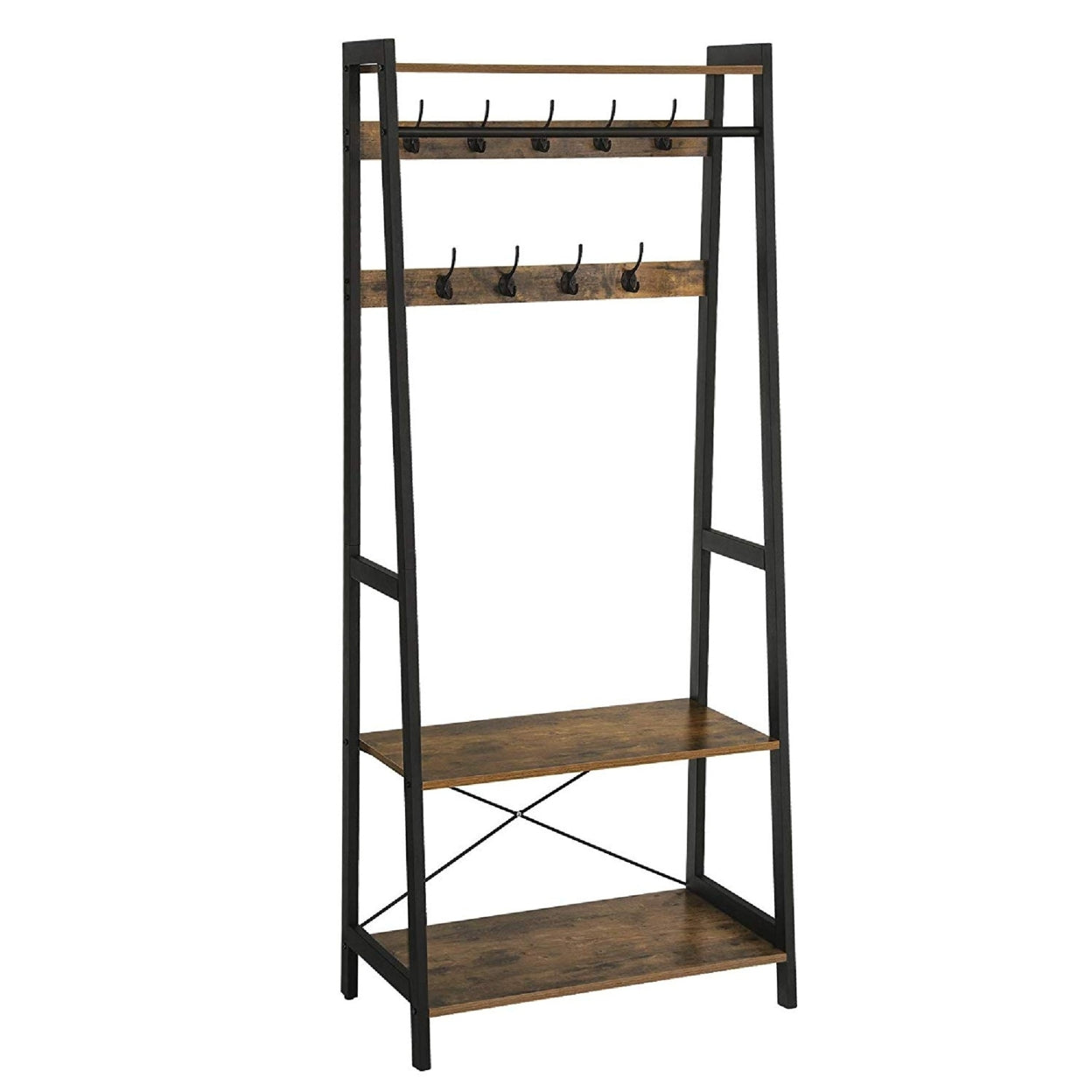 Iron Framed Coat Rack with Two Storage Shelves and Hanging Rail， Brown and Black- Saltoro Sherpi