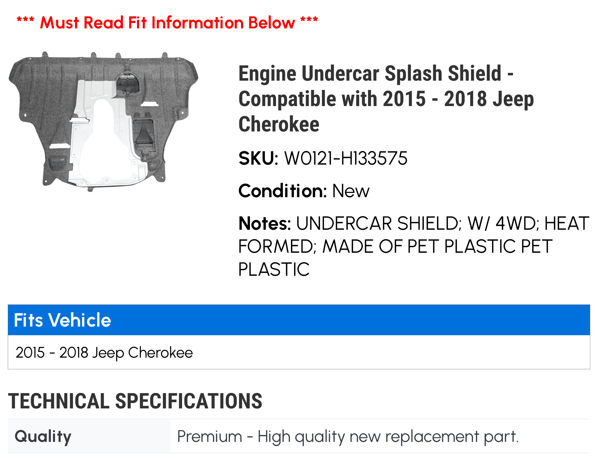 Engine Undercar Splash Shield - Compatible with 2015 - 2018 Jeep Cherokee 4WD 2016 2017