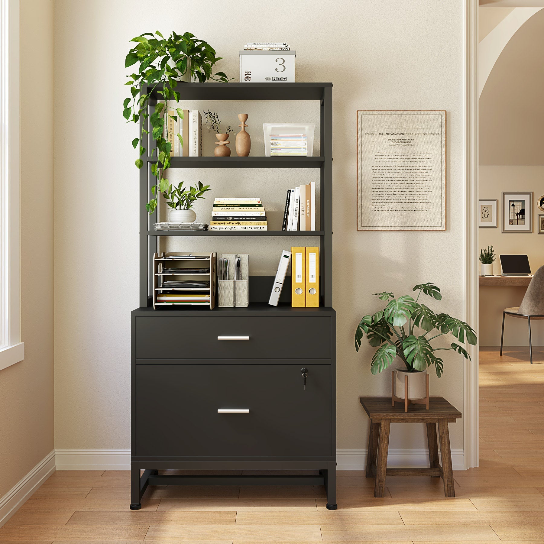 2-Drawer File Cabinet, Vertical Filing Cabinet with Lock & Bookshelf