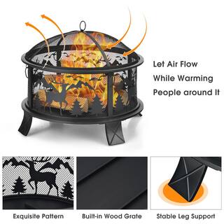 Costway 26 in. Outdoor Wood Burning Steel Fire Pit Firepit Bowl with Spark Screen Poker JV10211