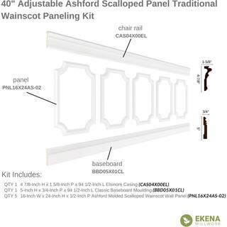 Ekena Millwork 94 12 in. (Adjustable 40 in. to 44 in.) 26 sq. ft. Polyurethane Ashford Scalloped Panel Wainscot Kit Primed WPKUSC081P040