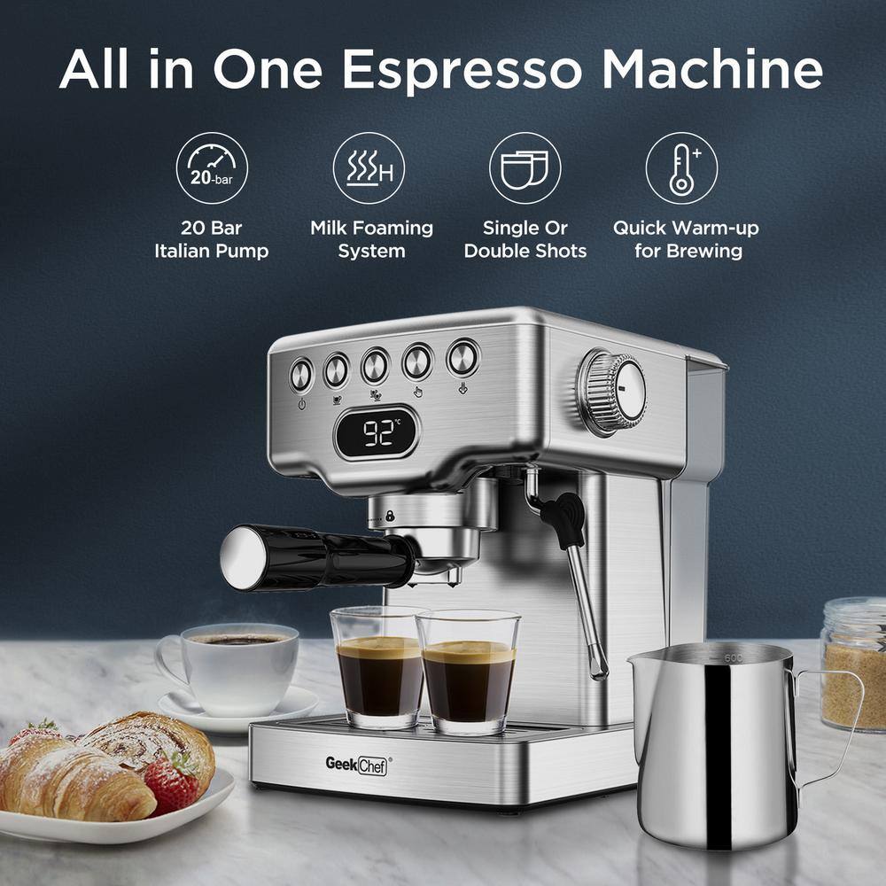 2- Cup Silver 20 Bar Espresso Machine with Milk Frother 1.8L Water Tank Stainless Steel ECF-20EGCF-GC