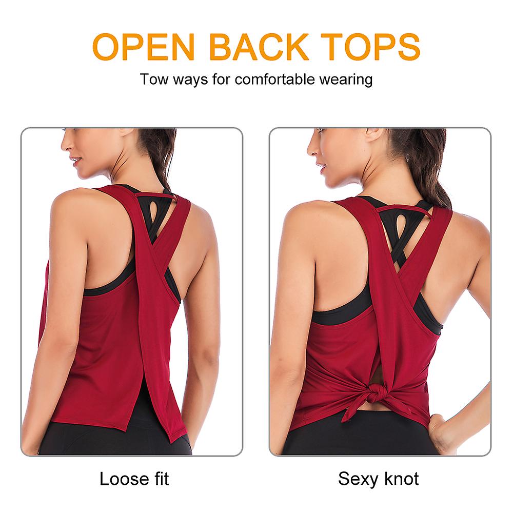 Women's Yoga Shirts Open Back Tops Sleeveless Workout Shirt Sports Sexy Open Back Tank Wine Red L