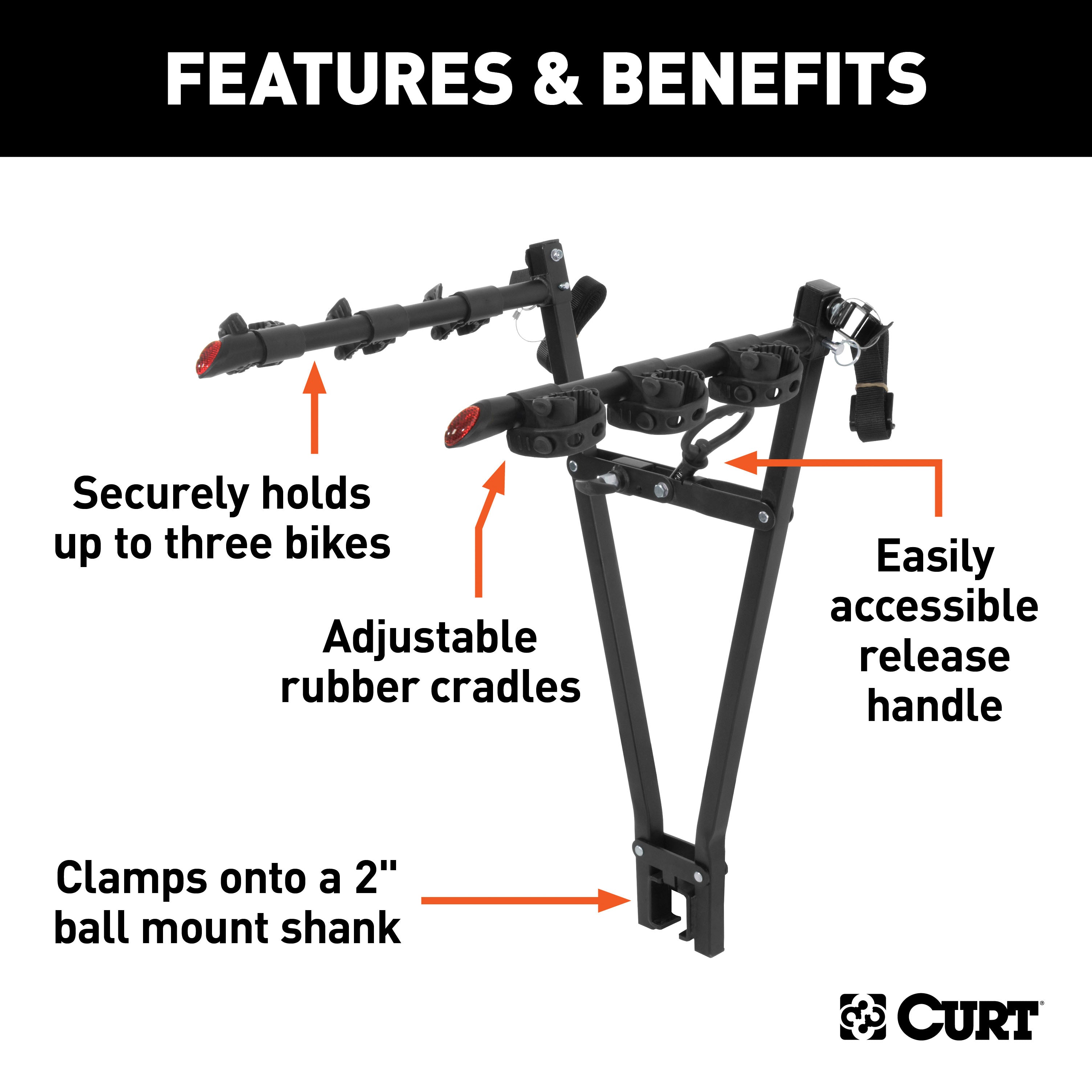 CURT 18013 Clamp-On Trailer Hitch Bike Rack Mount， Fits 2-Inch Shank， 3 Bicycles