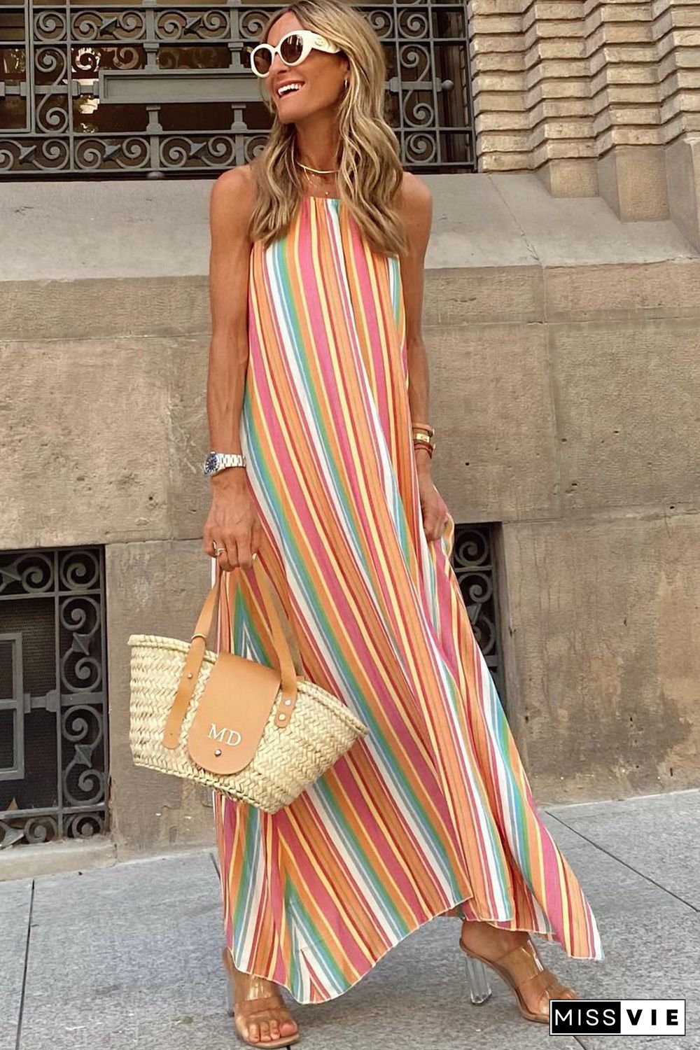 Bohemian Striped Print Sleeveless Holiday Maxi Dress