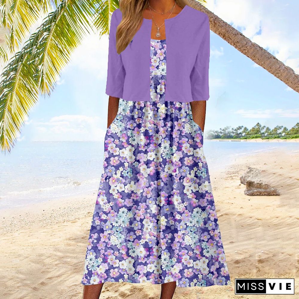 Purple Floral Print Midi Dress With Jacket