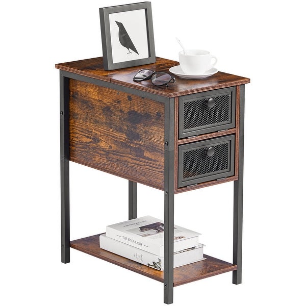 VECELO， Mid-century Modern Flip Top Nightstand with 2-Drawer， Rustic Brown - - 36363959