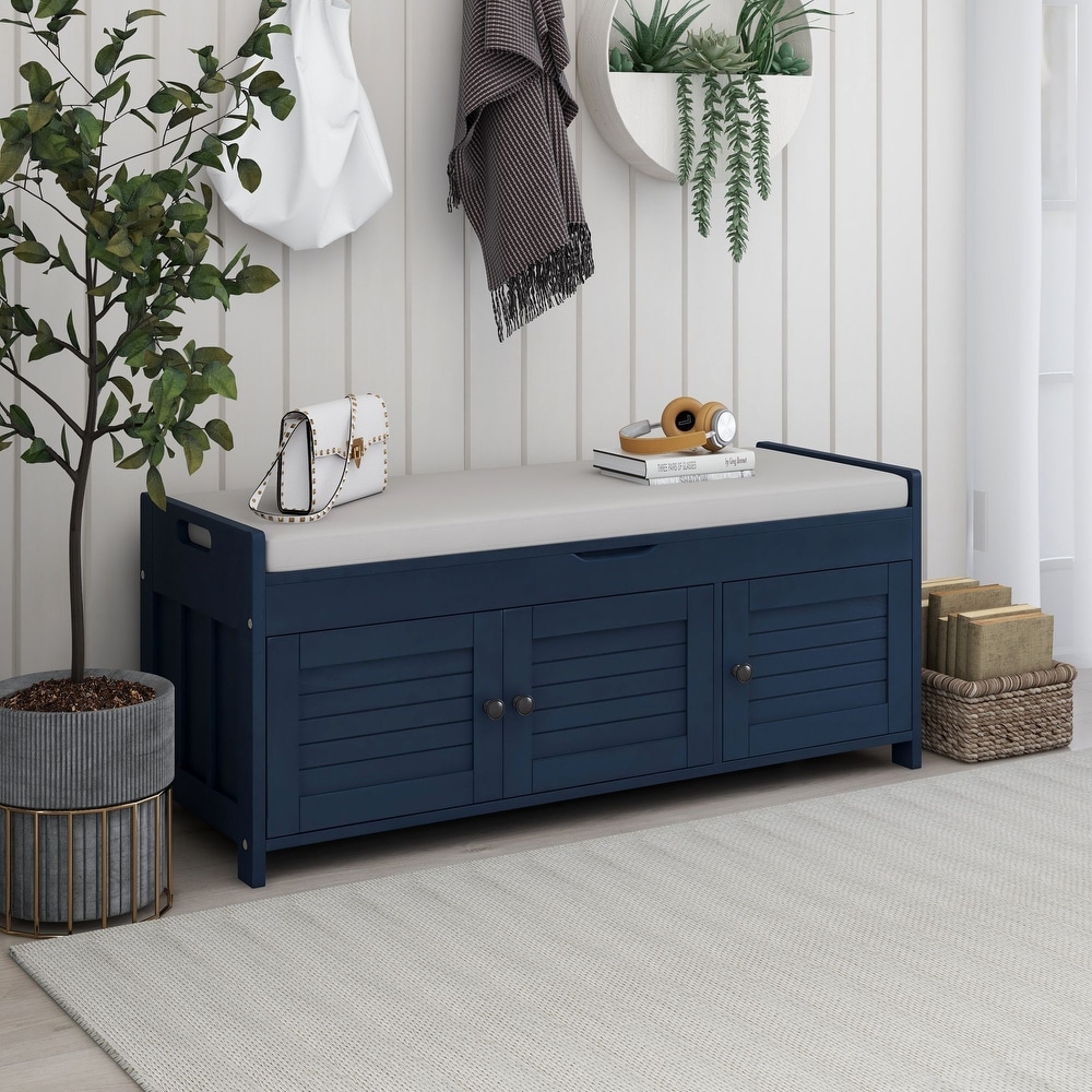 Storage Benches with 3 Shutter shaped Doors  Shoe Bench with Removable Cushion   Hidden Storage Space for Livingroom  Entryway