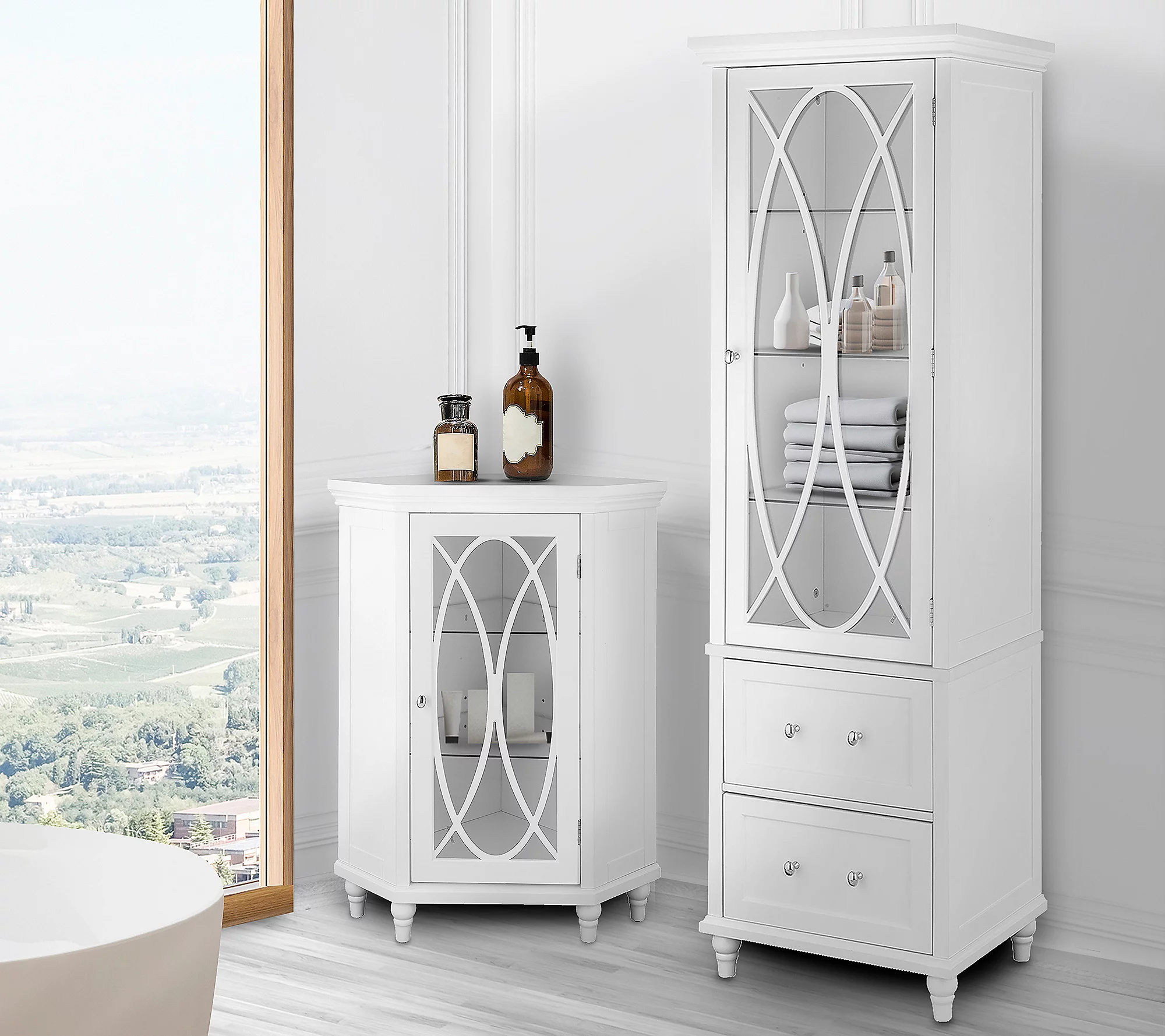 Corner Floor Cabinet with 2 Adjustable TemperedGlass Shelves