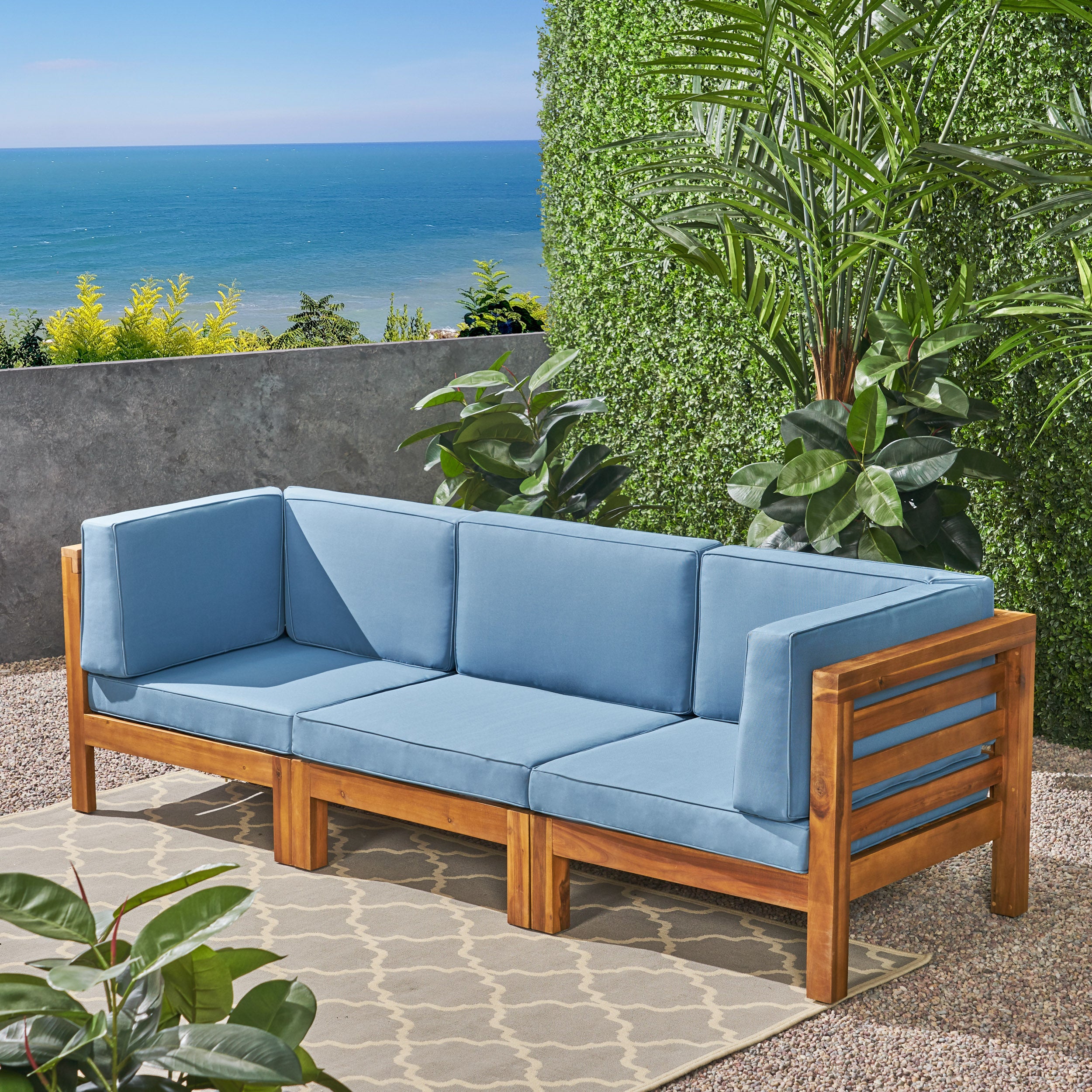 Dawson Outdoor Sectional Sofa Set - 3-Seater - Acacia Wood - Outdoor Cushions