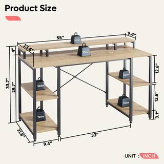 Bestier 55.12 in. Light Oak Computer Desk with Monitor Shelf D074G-OAK