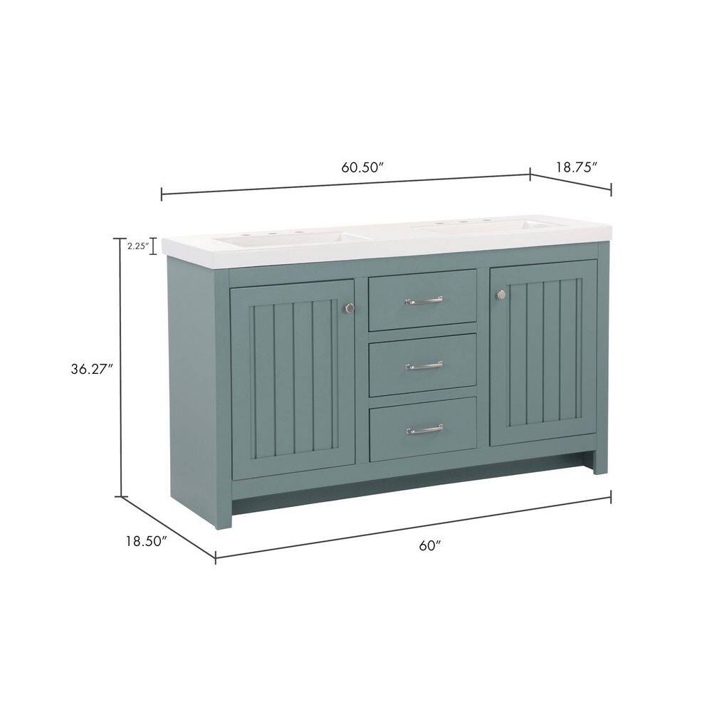 Home Decorators Collection Glint 60.5 in. W x 18.75 in. D Bath Vanity in Sage with White Cultured Marble Top in White with 2 Integrated Sinks B60X20096