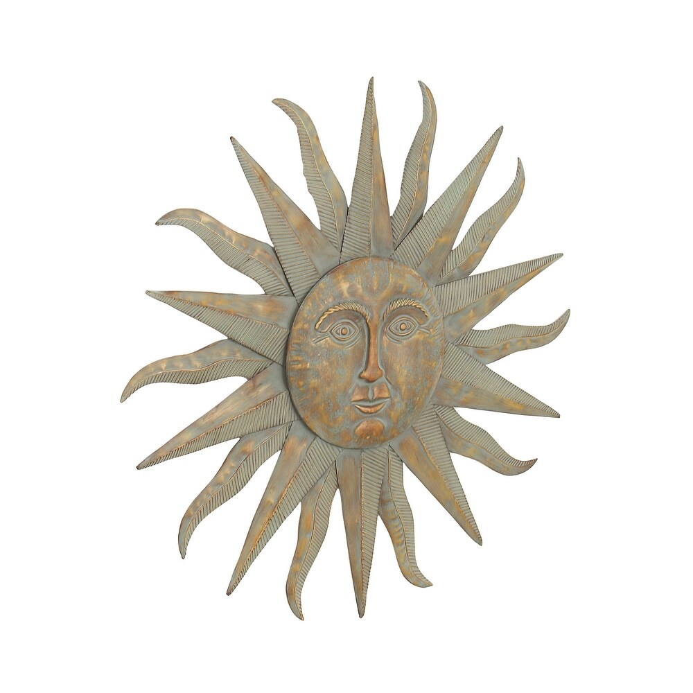Gold Metal Indoor Outdoor Distressed Sunburst Wall Decor with Copper Like Accents and Grooves   35 x 1 x 35Round