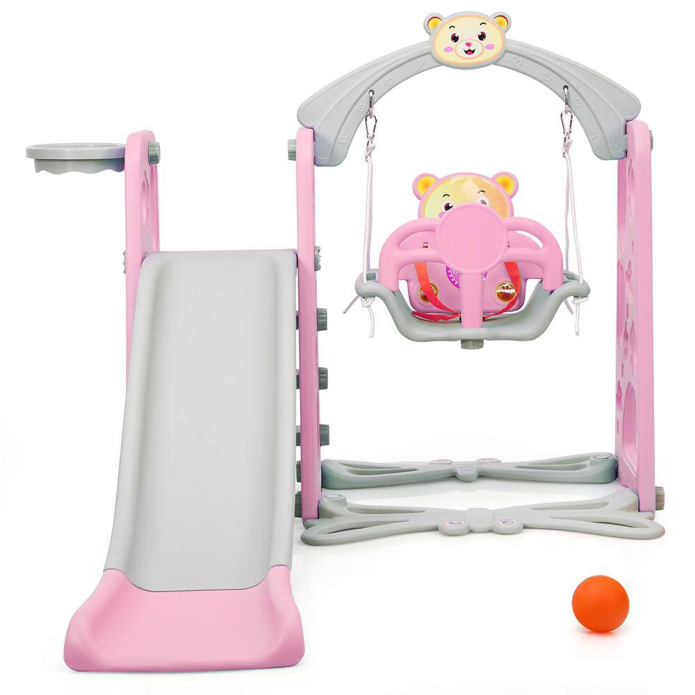 Costway 4-in-1 Toddler Climber and Swing Set with Basketball Hoop and Ball Pink TY327417PI