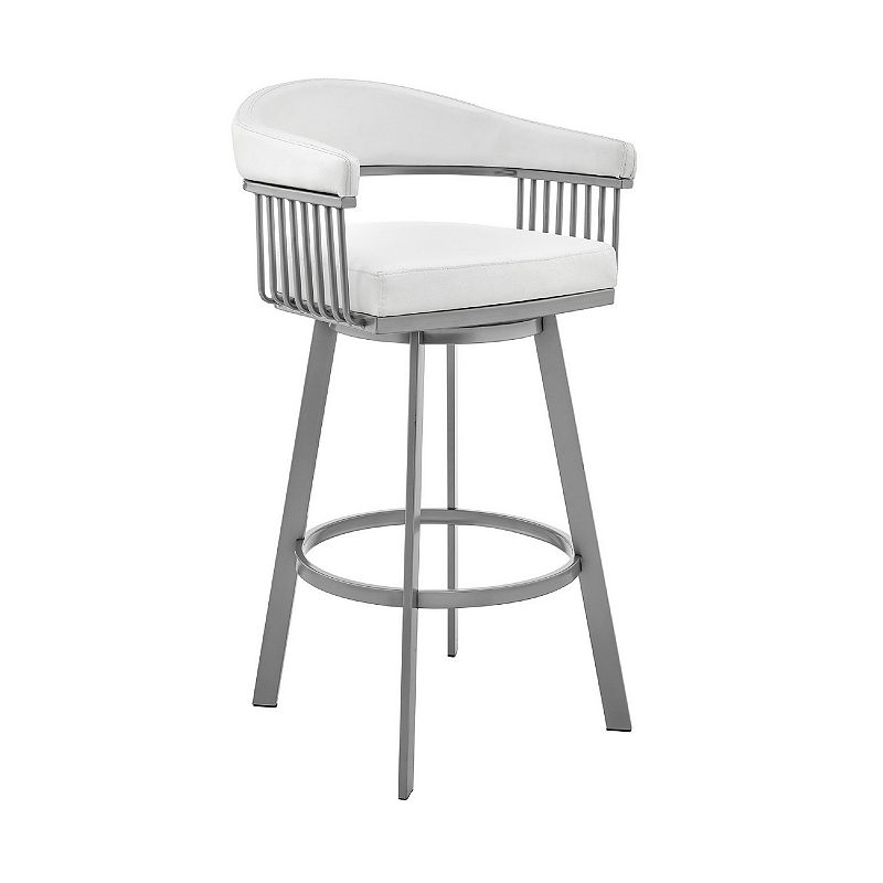 Swivel Barstool with Open Metal Frame and Slatted Arms， White and Silver