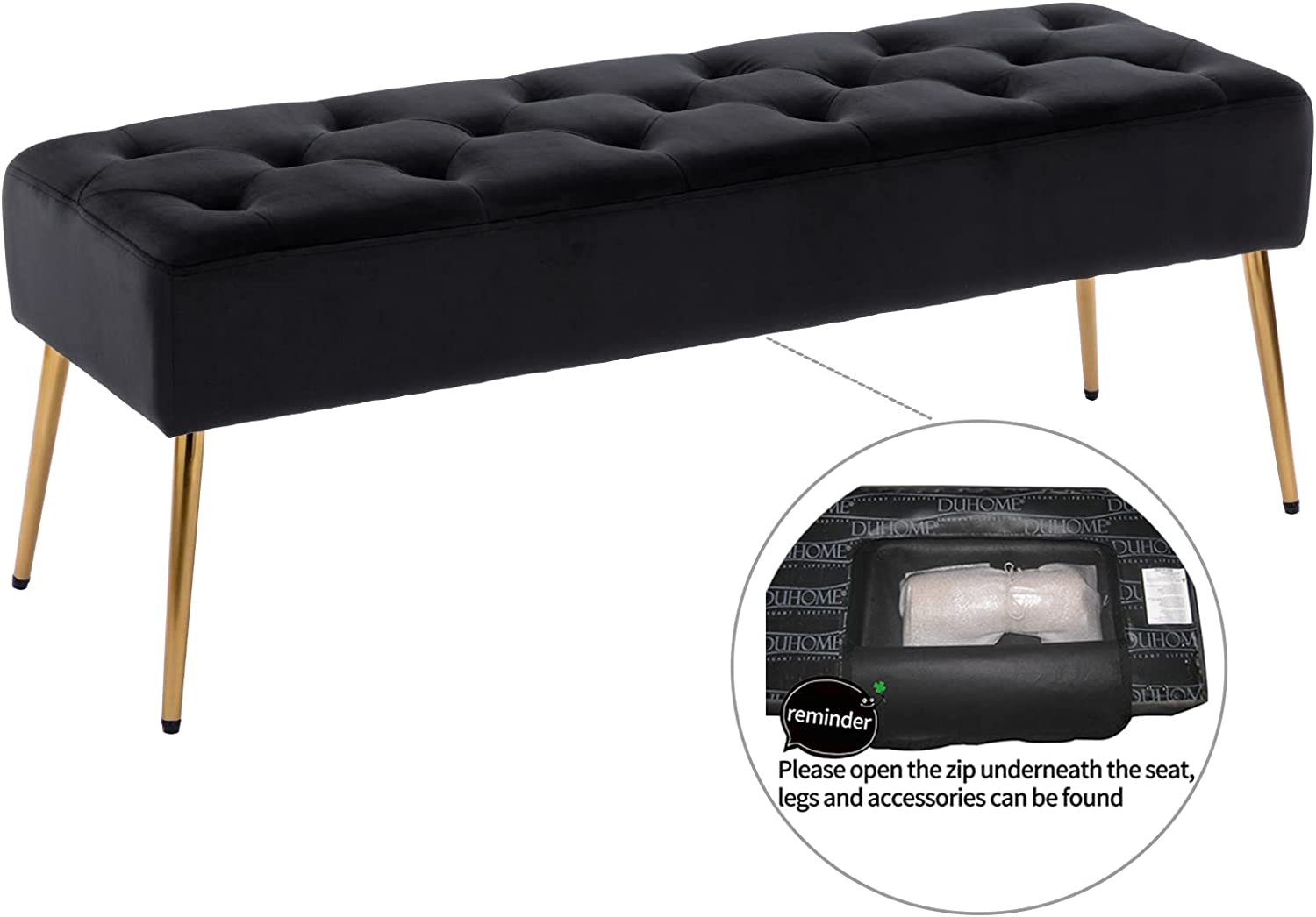 Duhome Velvet Ottoman Bench, Bedroom Bench for Bed End Upholstered Bench Tufted Accent Bench for Living Room Entry, Black