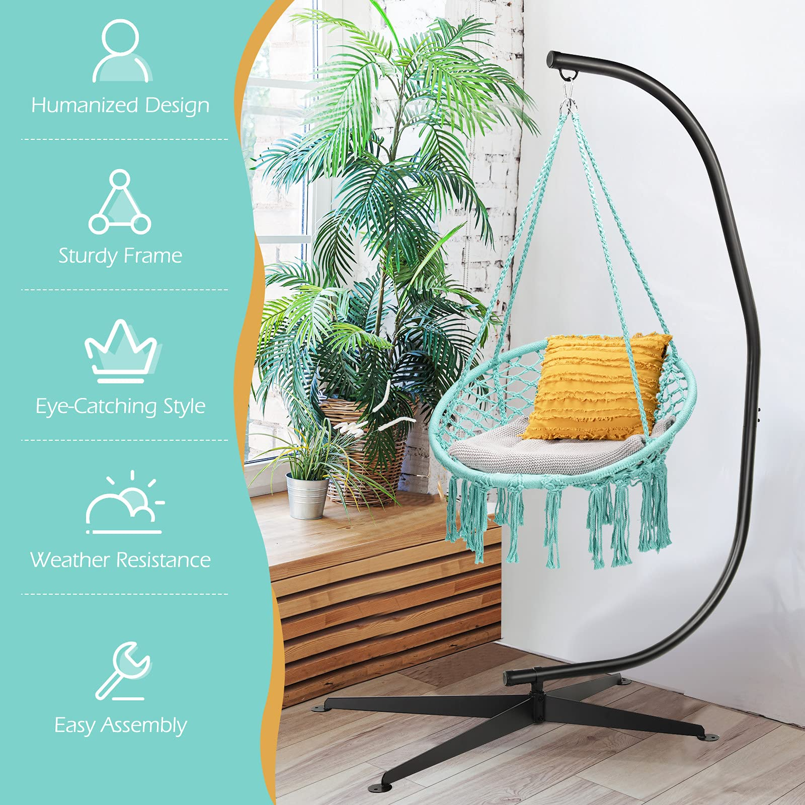 Giantex Hammock Chair with Stand, Solid Steel Heavy Duty C Stand with Macrame Hanging Chair