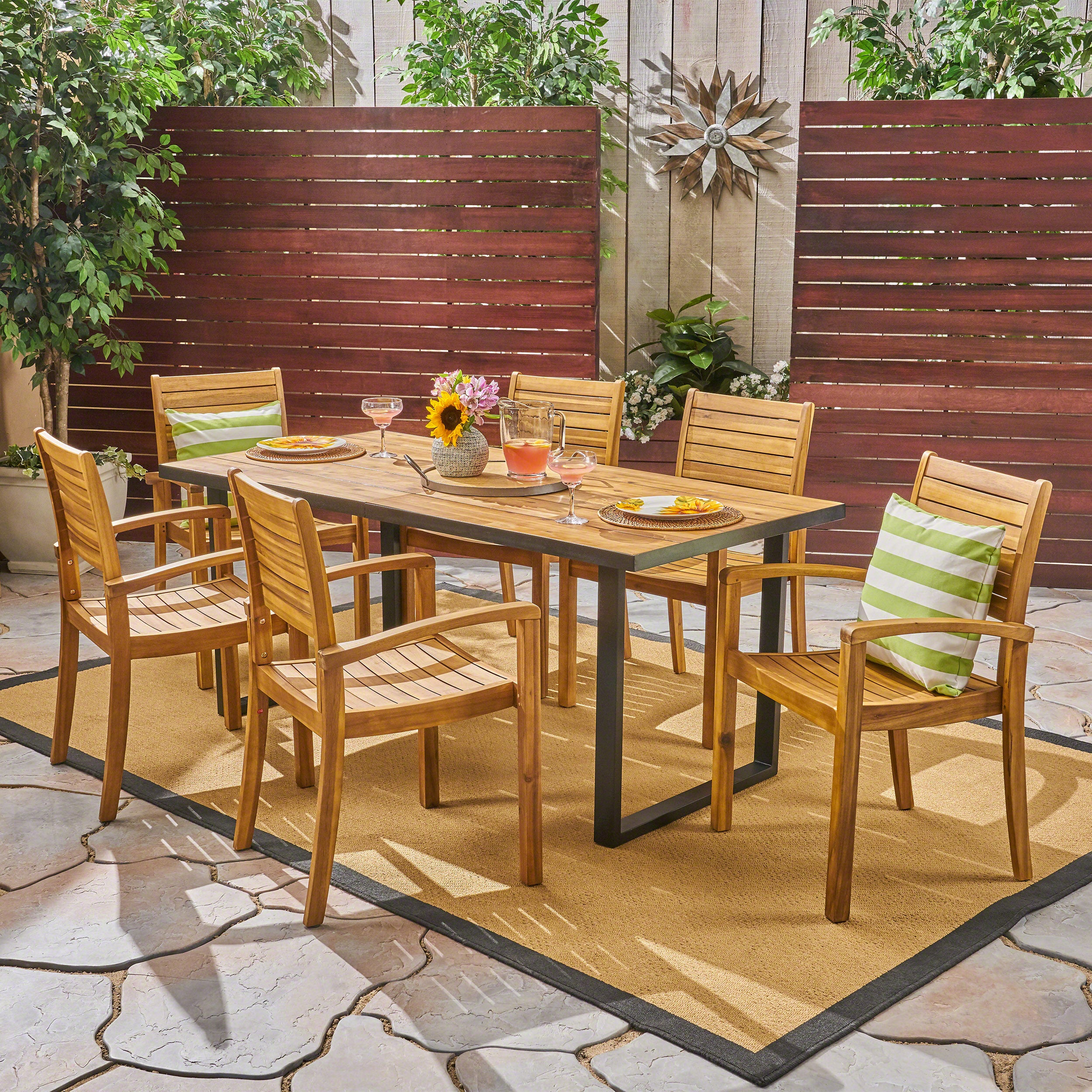 Alderson Outdoor 6-Seater Rectangular Acacia Wood Dining Set, Teak and Black