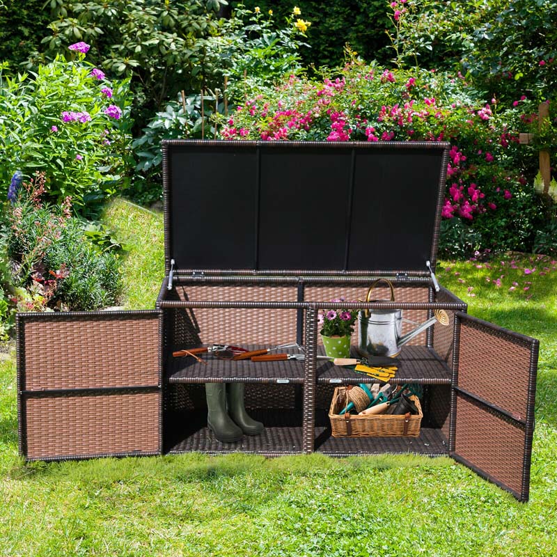 88 Gallon Patio Wicker Storage Box Rattan Deck Bench with Openable Door