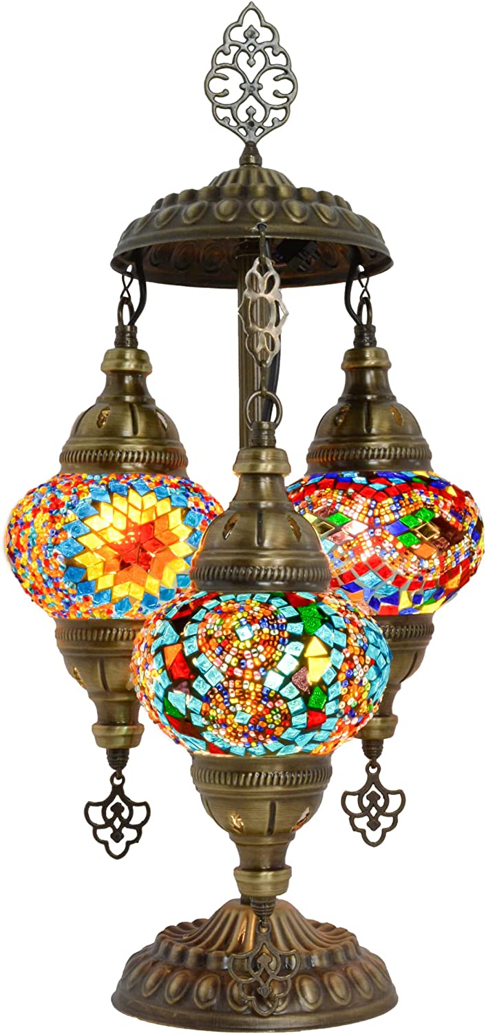 SHADY Tiffany Style Turkish Stained Glass Table Lamp  3 Globe Mosaic Moroccan Desk Light  Bohemian Vintage Bedroom Nightstand  Antique Handmade Rustic Decor Colorful Lighting (Cappadocia