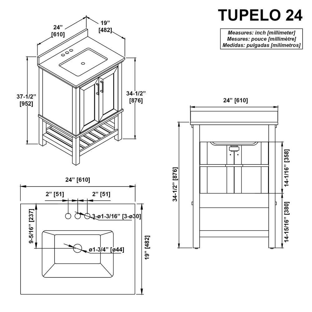 Home Decorators Collection Tupelo 24 in. W x 19 in. D x 34.50 in. H Freestanding Bath Vanity in White with White Engineered Stone Top Tupelo 24W