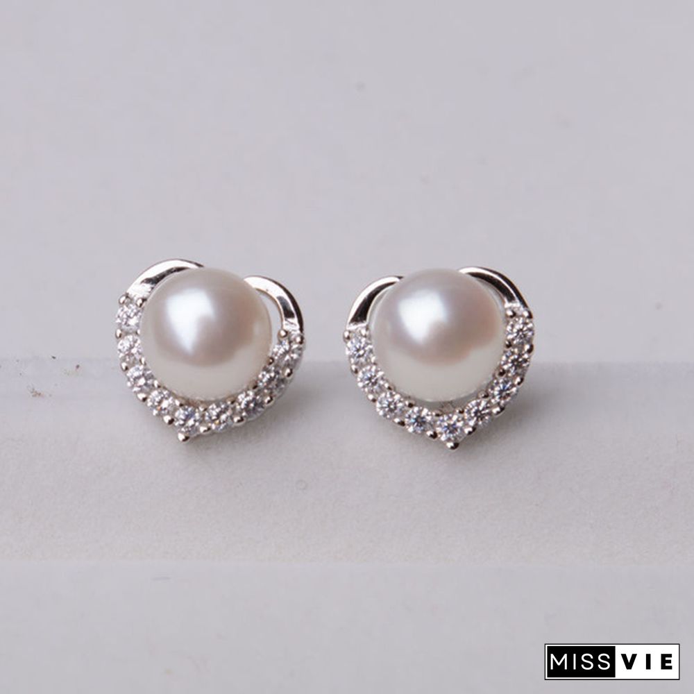 Trendy Fashion Women's S925 Silver Exquisite Pearl Heart-shaped Diamond Crystal Earrings Prevent allergy Jewelry