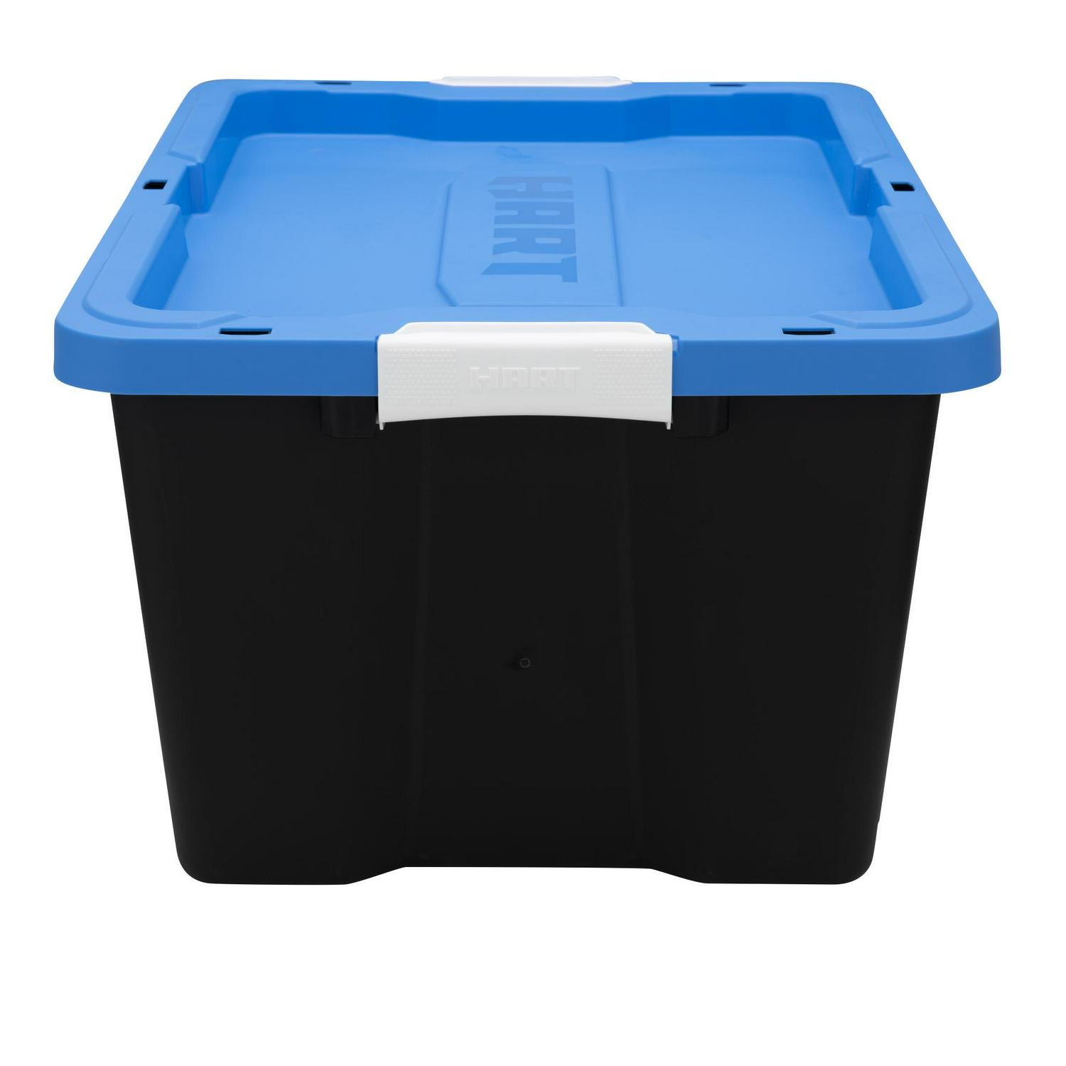 HART  17 Gallon Heavy Duty Latching Plastic Storage Box， Black Base/Blue Lid， Set of 4