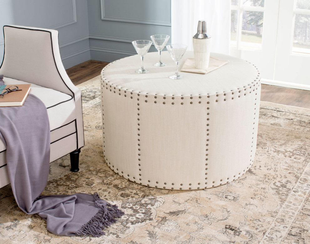 Foster Ottoman Brass Nail Heads Beige   Transitional   Footstools And Ottomans   by Peachtree Fine Furniture  Houzz