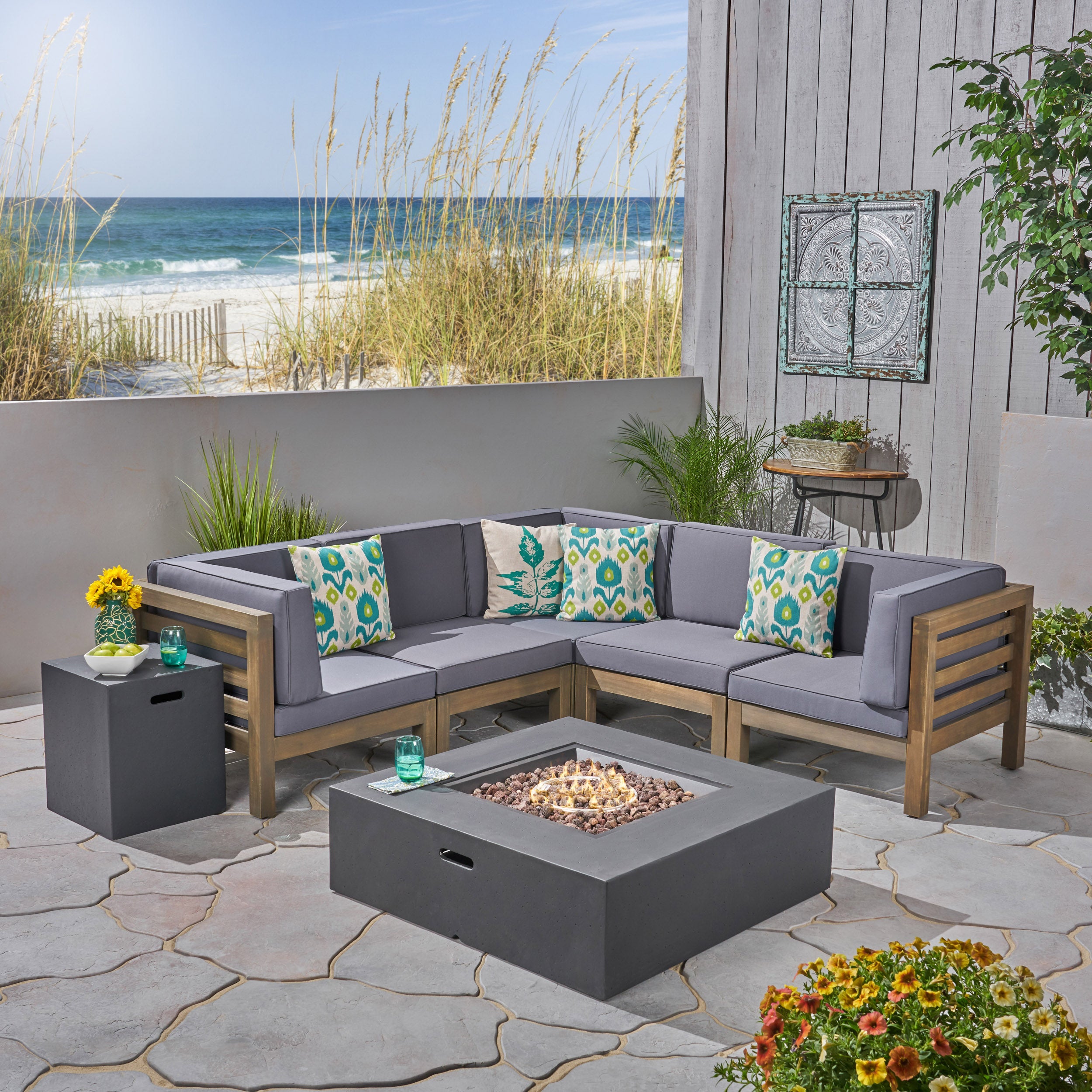 Ravello Outdoor V-Shaped Sectional Sofa Set with Fire Pit