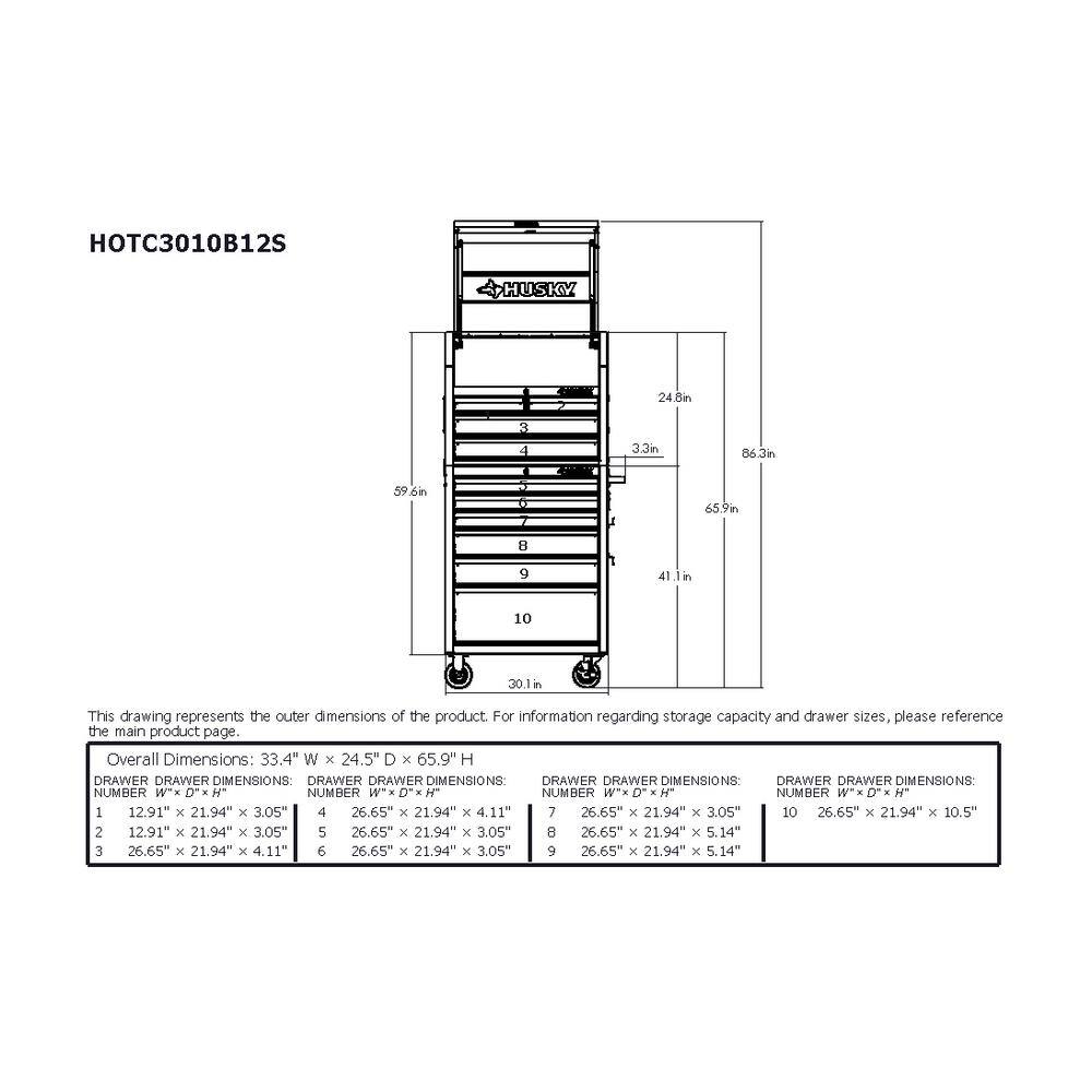 Husky 30 in. W x 24.5 in D Standard Duty 10-Drawer Combination Rolling Tool Chest and Top Tool Cabinet in Gloss Black HOTC3010B12S