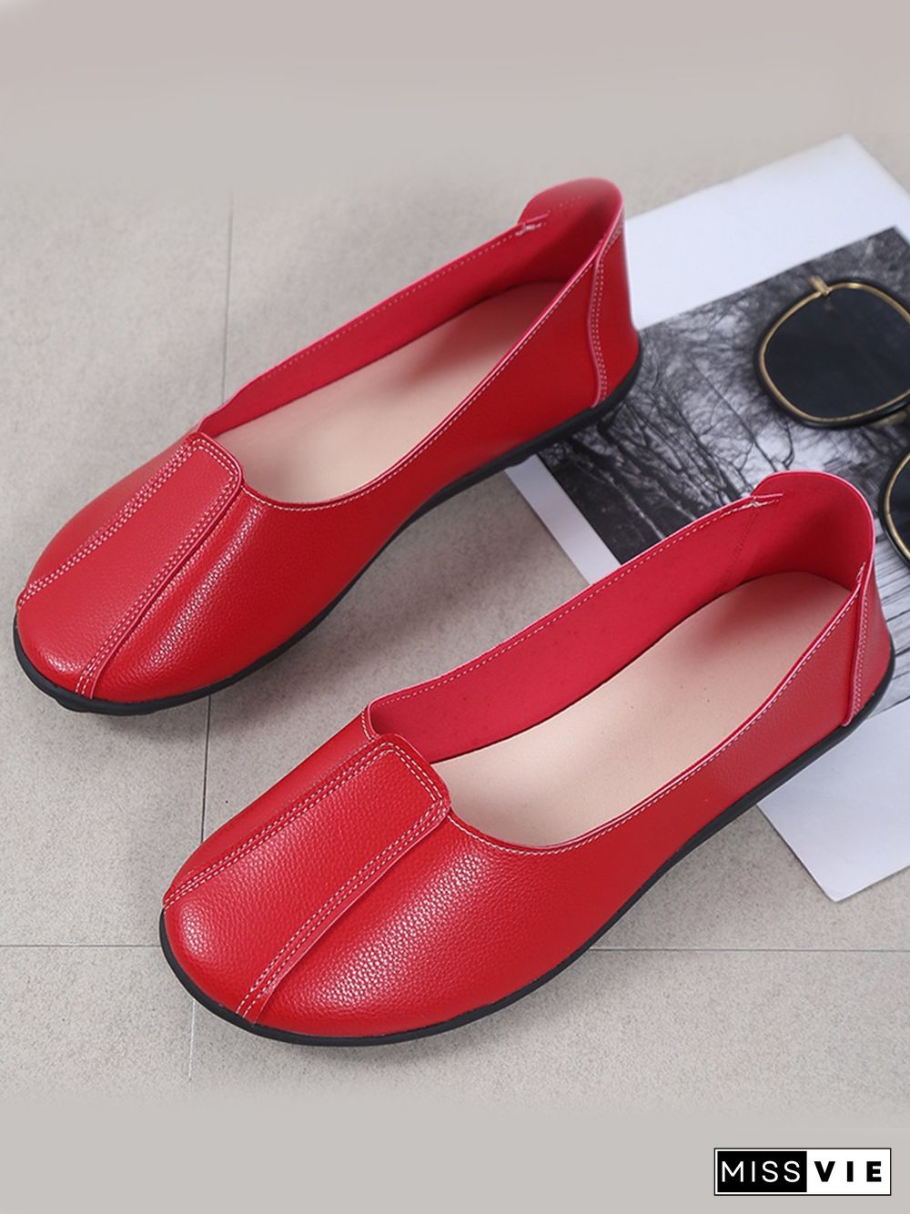 Women Casual Plain All Season Wearable Daily Flat Heel Pu Rubber Slip On Flats