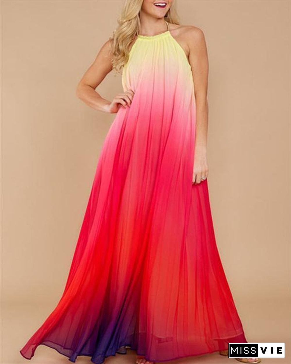 Women Ombre Chiffon Gradient Halter Sleeveless Evening Maxi Dress