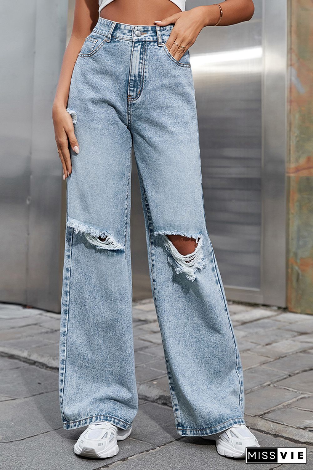 Plain Ripped High Waist Straight Jeans