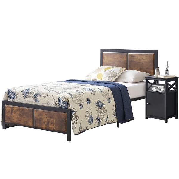 Taomika Industrial 3-pieces Bed with Wood Headboard and Nightstand Set - - 35162744