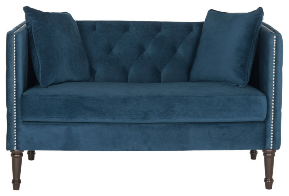 Raya Tufted Settee With Pillows Navy/Espresso   Traditional   Loveseats   by Rustic Home Furniture Deco  Houzz