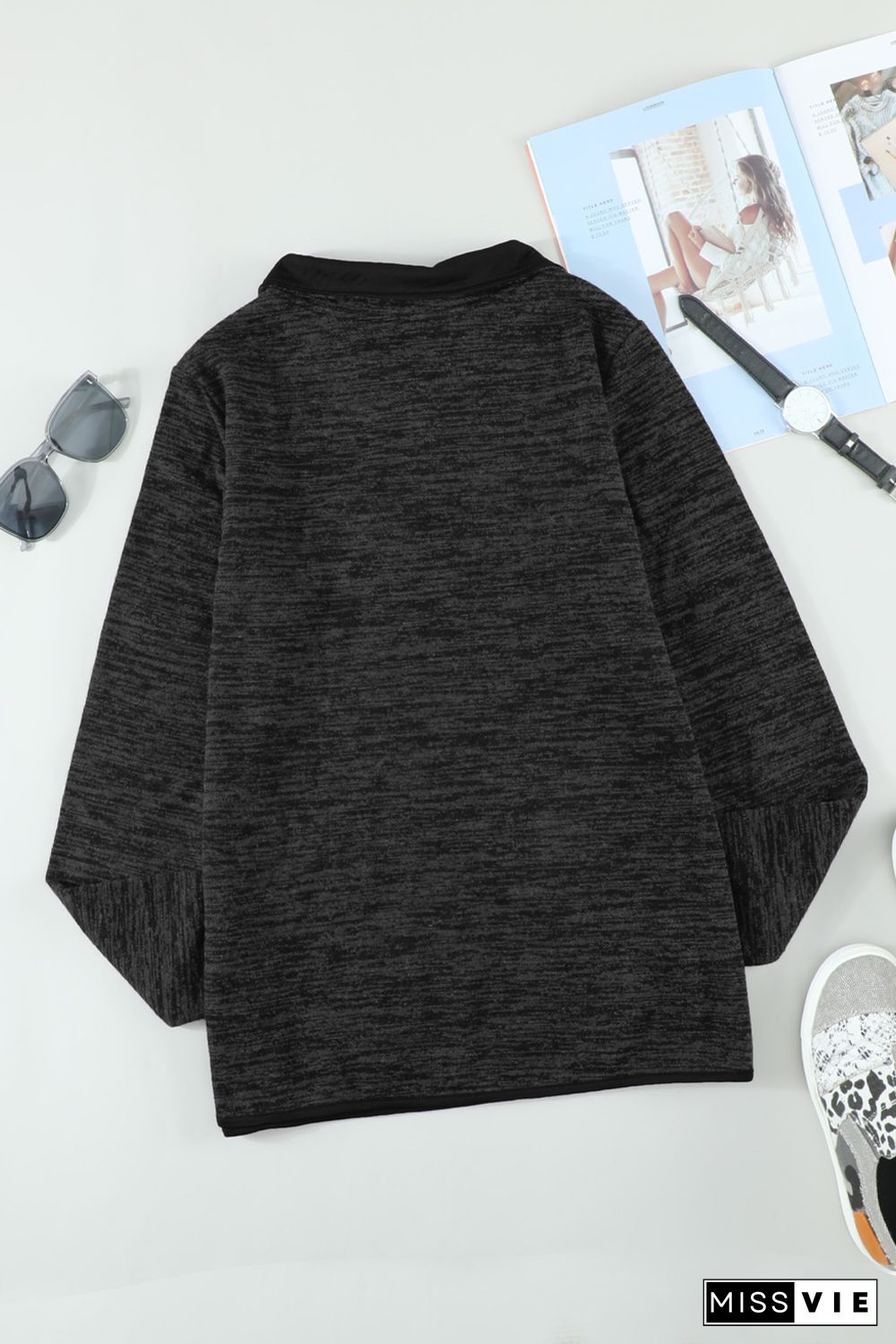 Black Heathered Turn-down Collar Pullover Sweatshirt