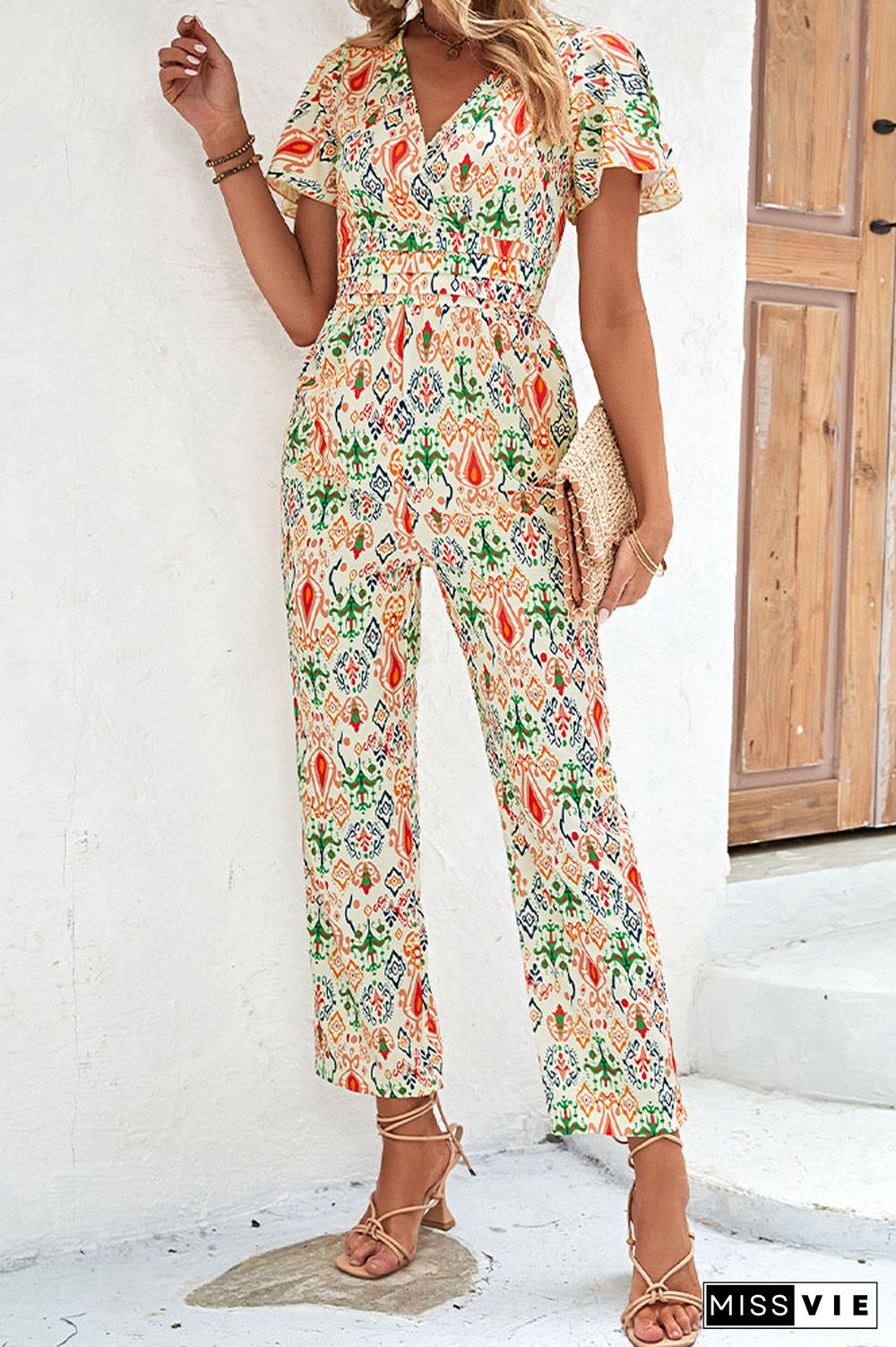 V Neck High Wasit Printed Jumpsuit