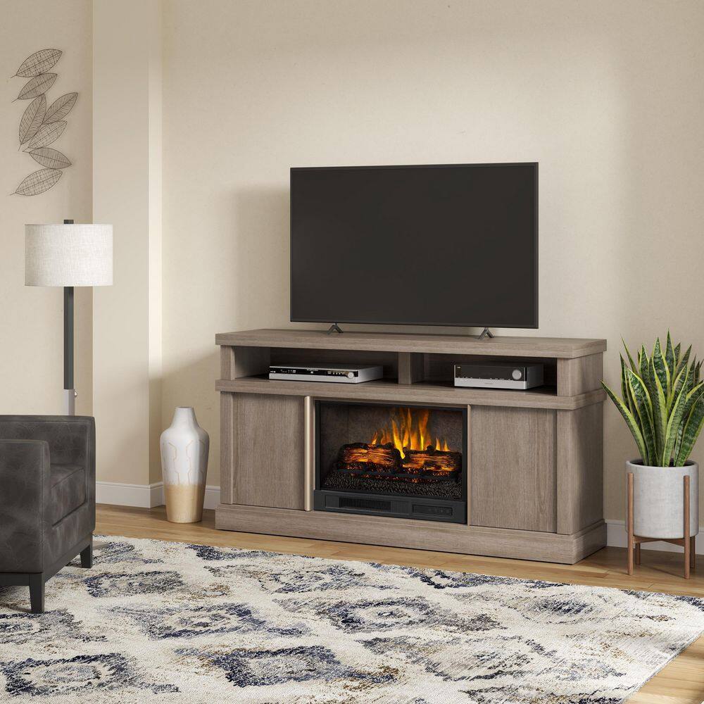 SCOTT LIVING MEYERSON 60 in. Freestanding Media Console Wooden Electric Fireplace in Natural Camel Ash Grain HDSLFP60L-2B