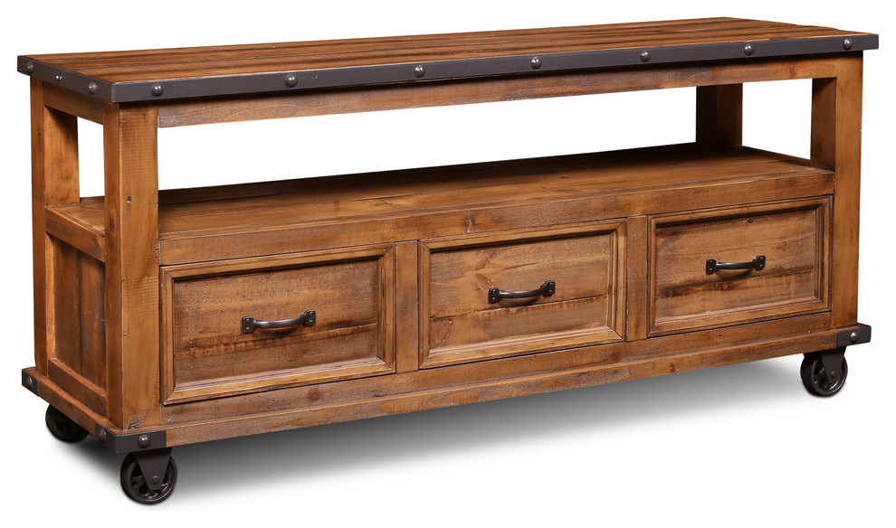 Larson Solid Wood 65 quotMedia Console With Three Drawers   Industrial   Entertainment Centers And Tv Stands   by Crafters and Weavers  Houzz