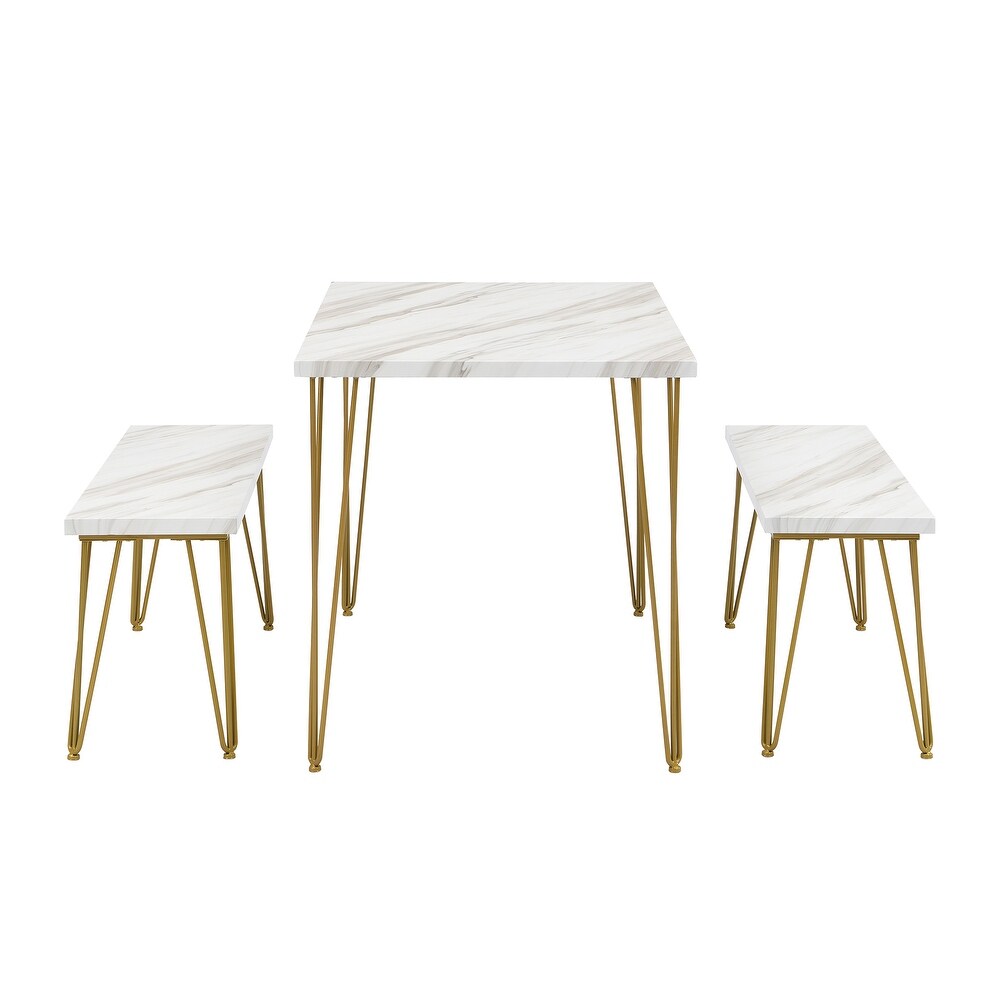 3 Piece Breakfast Nook Dining Table Sets with Marble Benches  Gold