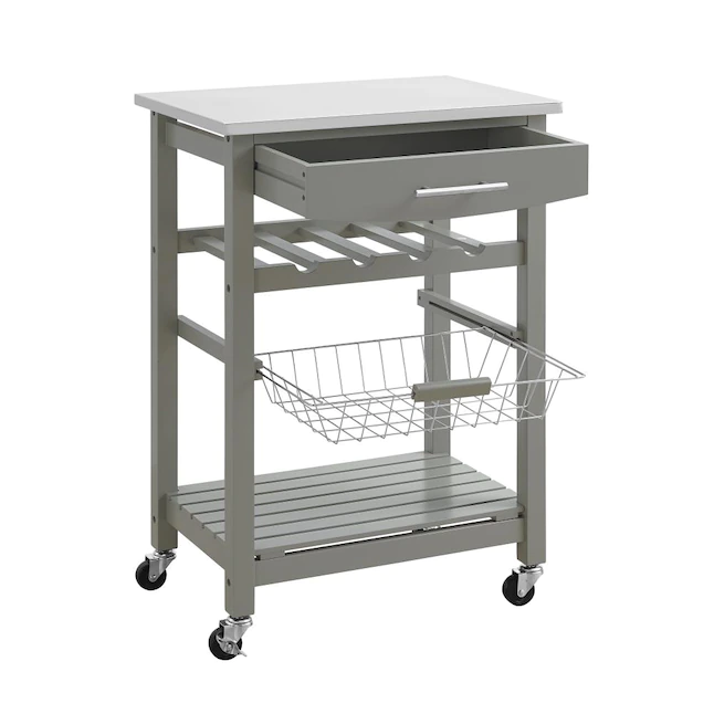 Linon KI093GRY01U Gray Wood Base with Stainless Steel Metal Top Rolling Kitchen Cart (22.88-in x 15.75-in x 33.88-in)