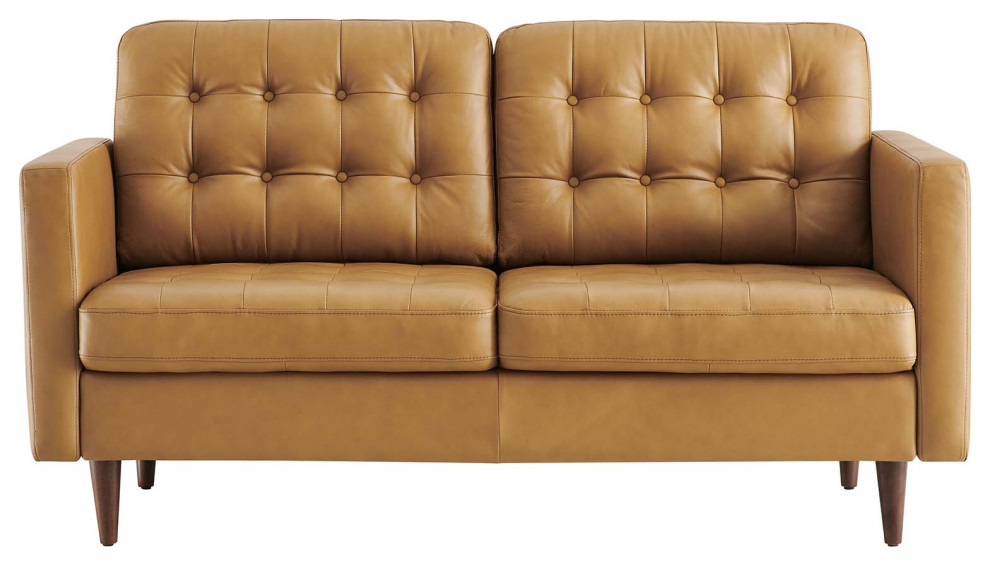 Exalt Tufted Vegan Leather Loveseat  Tan   Midcentury   Loveseats   by VirVentures  Houzz