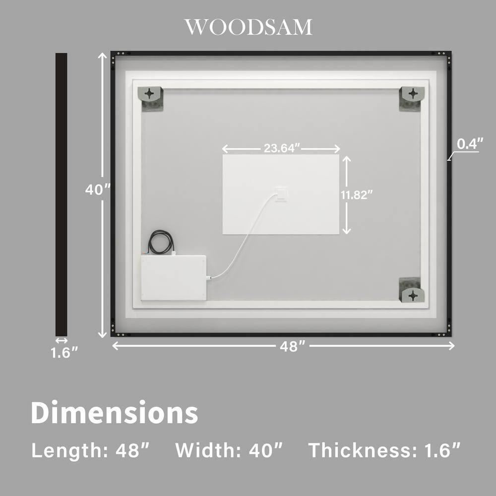 WOODSAM 48 in. W x 40 in. H Rectangular Alluminum Framed Anti-Fog LED Lighted Wall Bathroom Vanity Mirror in Matt Black LMR-06-4840-NB