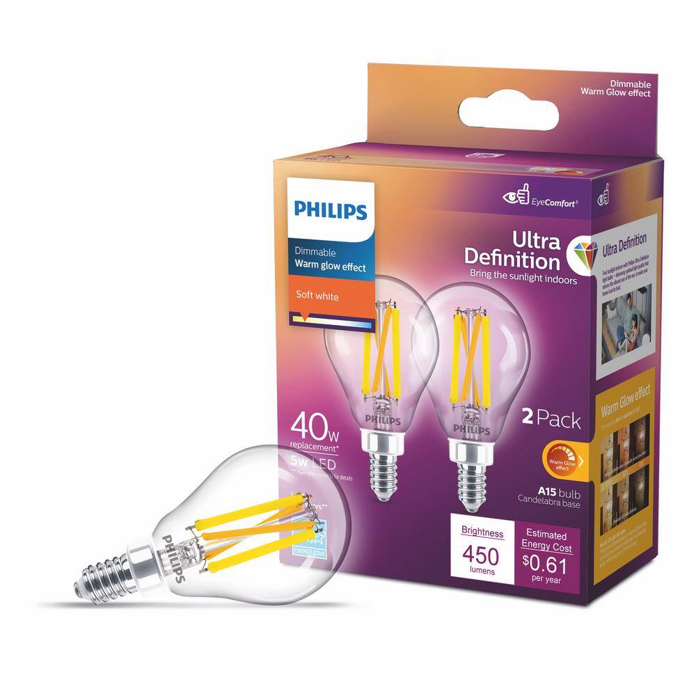 Philips 40-Watt Equivalent A15 Ultra Definition Dimmable Clear Glass E12 LED Light Bulb Soft White with Warm Glow 2700K (2-Pack) 564450