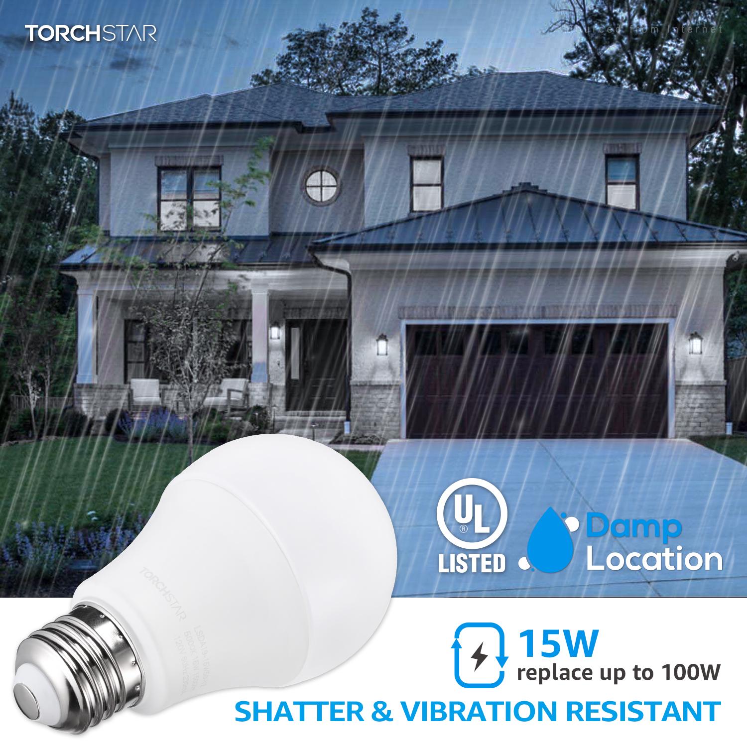 TorchStar Garage Door Opener LED Bulb， 100W Equivalent LED A19 Light Bulb， 1500 Lumens Ultra-Bright 5000K Daylight， Non-Dimmable， Standard E26 Medium Base， UL-listed， Damp Location Rated， Pack of 6