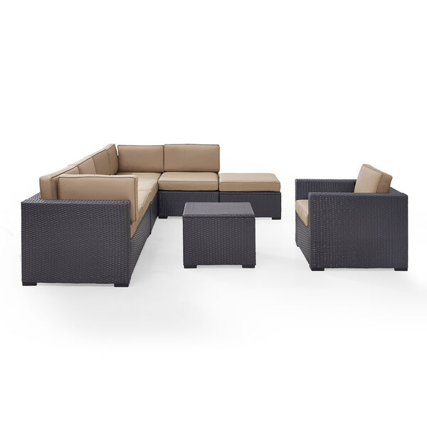 Biscayne 7 Person Outdoor Wicker Seating Set in Mocha - Two Loveseats， One Armless Chair， One Arm Chair， Coffee Table， Ottoman