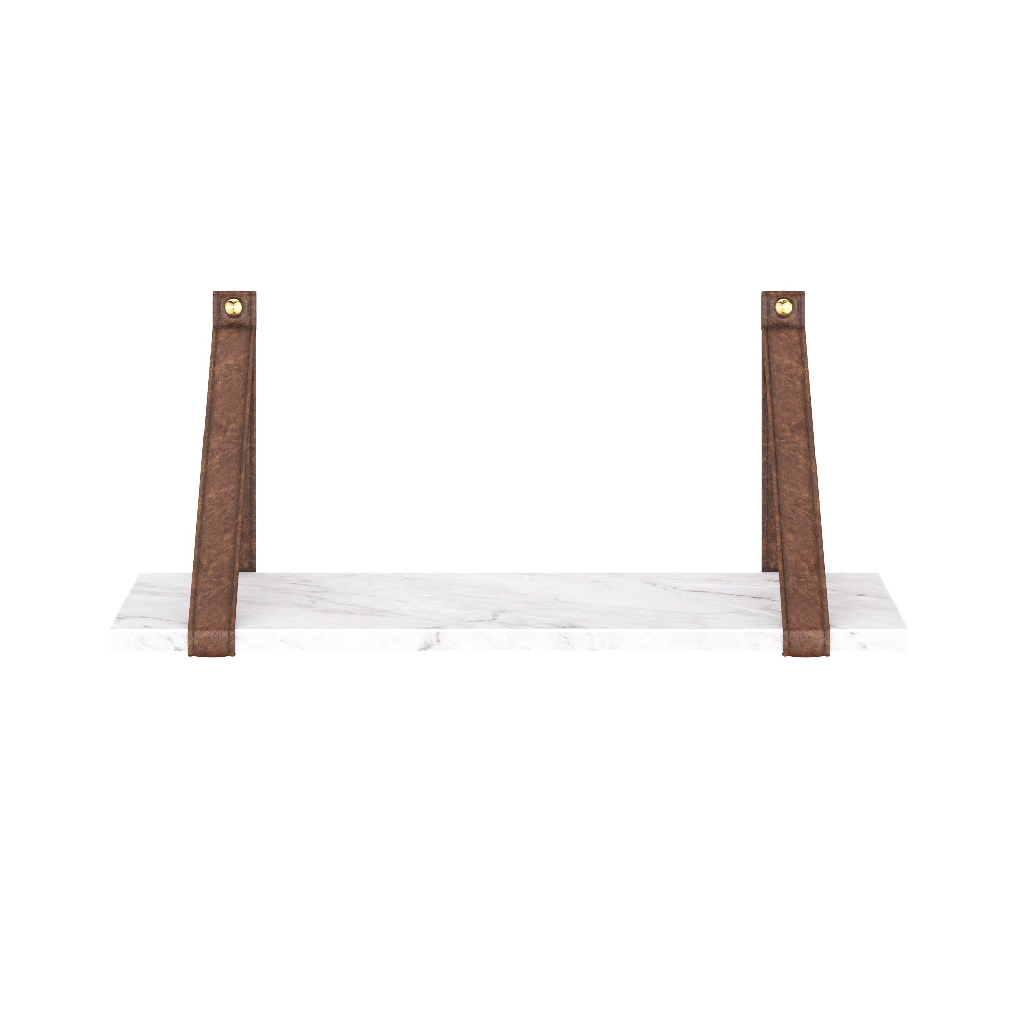 Nathan James Brandon Wall Mount White Marble Floating Shelf for Wall with Brown Leather Strap, Marble/Brown