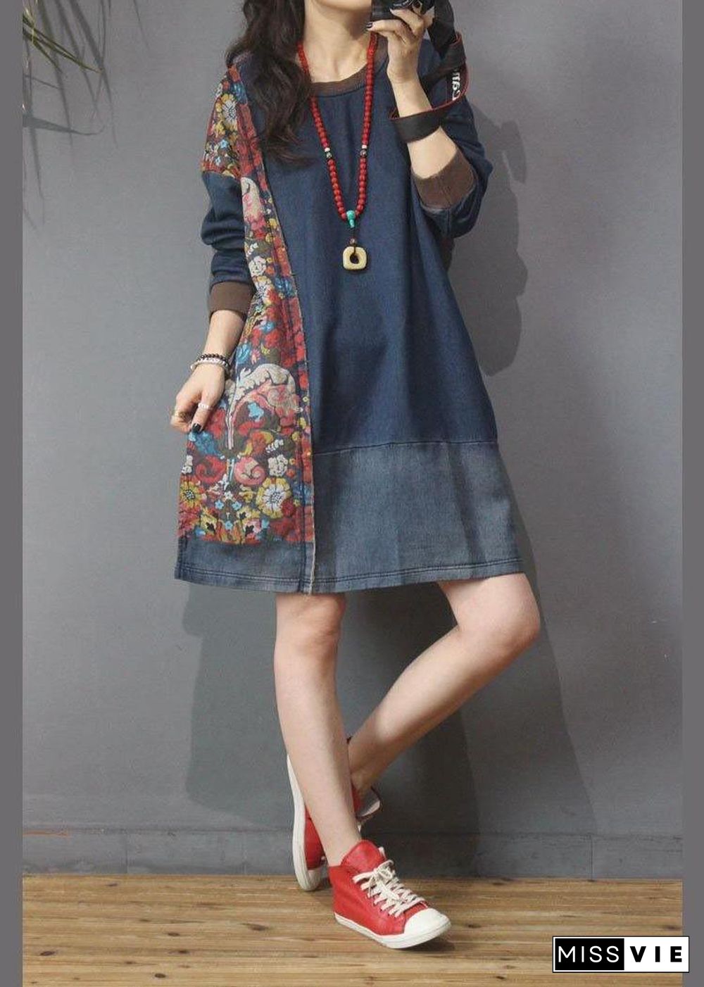 Women Denim Patchwork Cotton Dress Print Summer Long Dress